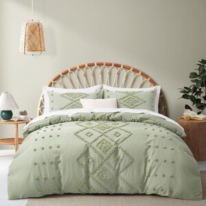 3PC QUEEN KING DUVET SET Sage Green Boho Cottage Tufted Duvet & Pillowcases